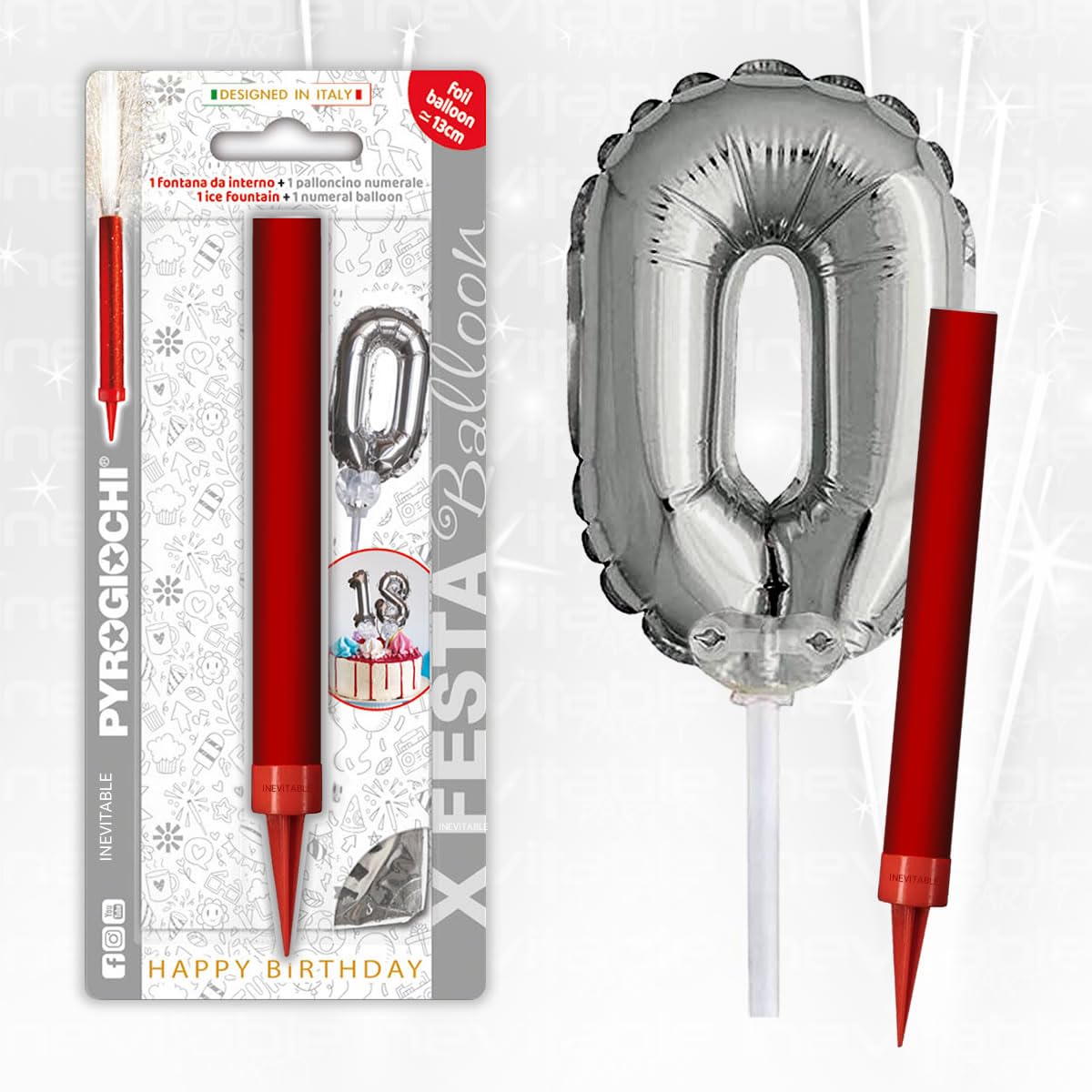 Birthday Cake Topper Decoration - 15cm Ice Founatin with 13cm Silver Number Balloon (0)