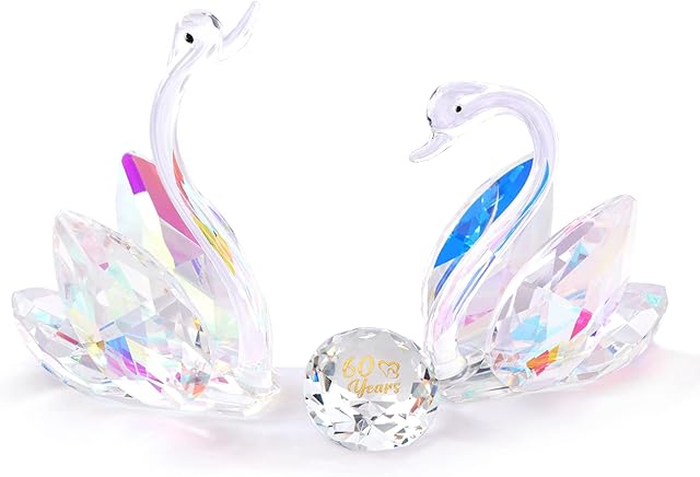 Set of 2 Crystal Colorful Swans Gifts for Couples on Diamond Wedding 60 Years Marriage Glass Figurines Collectibles for Her 60th Anniversary Presents Keepsake for Grandparents Home Ornaments