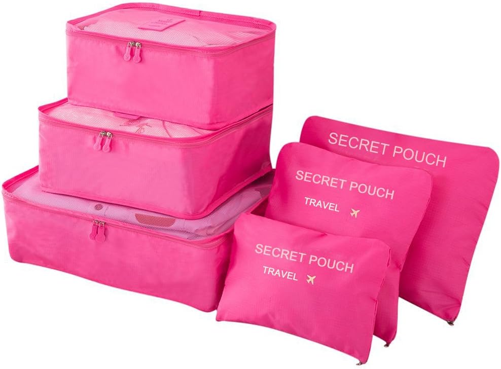 Farway Travel Luggage Organiser Packing Cubes Value Set for Travel Waterproof Nylon Drawstring Dry Bag Zip Bag in Bag Compression Storage Handle Bag Pouch Set of 6pcs Sets(Rose Red)