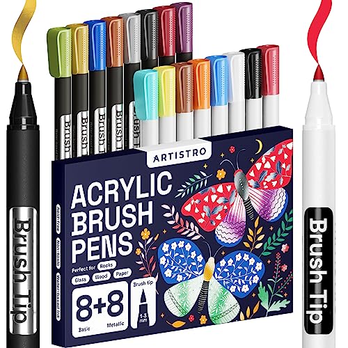 Acrylic Paint Pens Brush Tip, 8 Metallic & 8 Basic Colors Acrylic Paint Markers. Set for Rock Painting, Calligraphy, Scrapbooking, Brush Lettering, Card Making, Sketching, Black Paper, DIY Photo Album