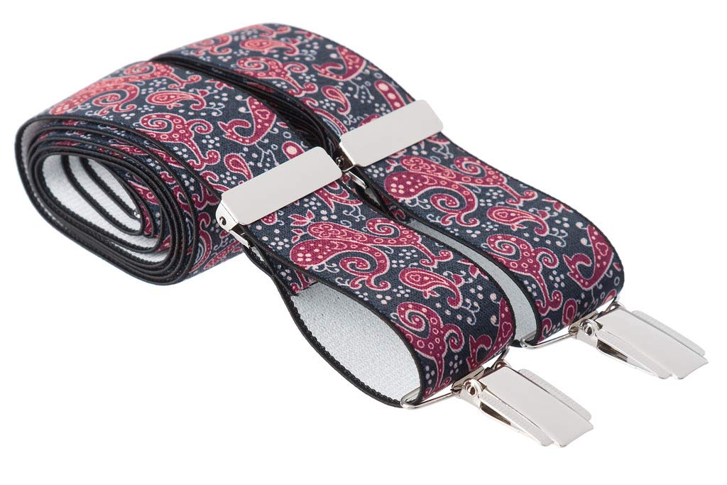 Gs Braces Men's Navy Blue And Burgundy Xl Navy Blue And Bugundy Paisley Pattern Trouser Braces X Back 35Mm 4 Silver Clips 48 Inches