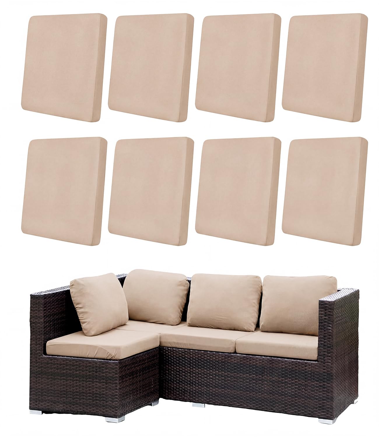 Hiseng Patio Cushion Covers Outdoor, 8 PCS Stretch Rattan Replacement Slipcovers for Garden Sofa & Couch, Beige Washable Individual Sofa Seat Cover with Elastic Band
