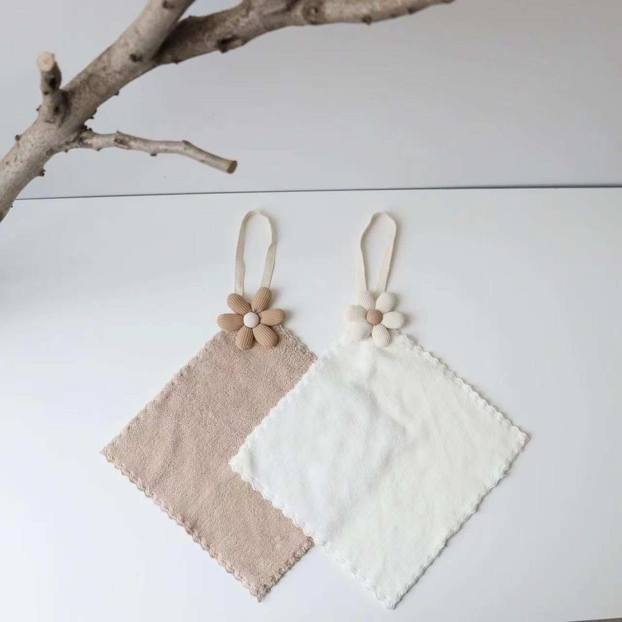 2-Pack Hanging Hand Towels with Floral Accent, Minimalist Design Coral Fleece Absorbent Towels with Loop for Bathroom, Kitchen, Sink (White, Khaki)