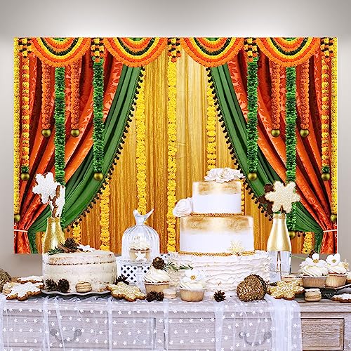 Image of Lofaris India Pooja Photography Backdrop Puja Ganpati Pooja Traditional Mehndi Festival Background Decorations Wedding Party Marigold Garlands Photo Props 6x4ft