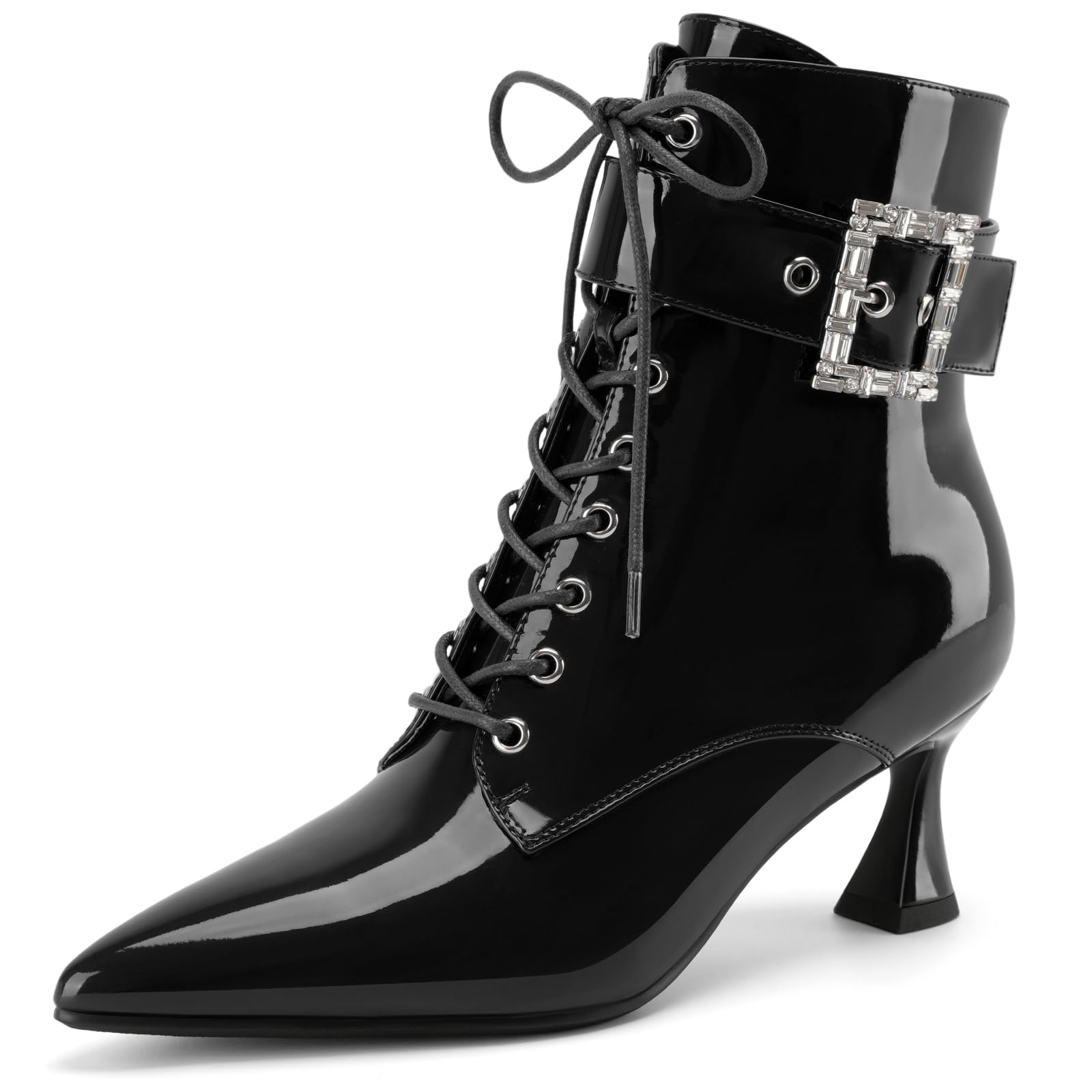 Womens Kitten Heel Ankle Boots Pointed Toe Fashion Patent Leather Rhinestone Lace Up Short Boots Dressy Witch Costume