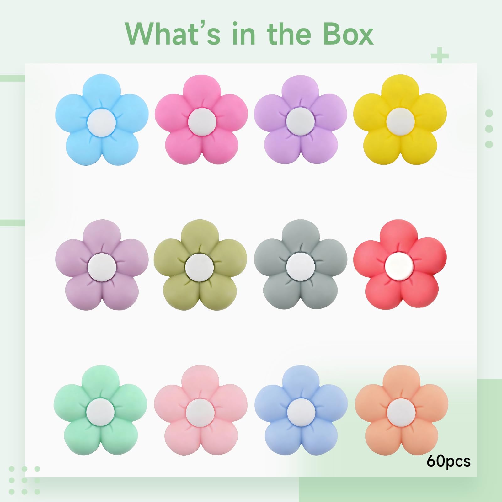 60 Stk. bunte Blumen-Silikonperlen, Silikonperlen für DIY-Schmuck, Bastelprojekte und Accessoires, geruchlos, weiche Oberfläche, 2,5 x 2,5 x 0,9 cm, ideal für kreative Sets