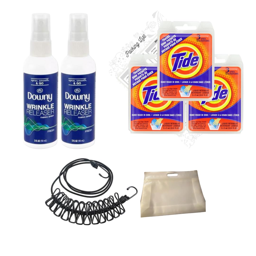 Tide Sink Travel Packets 3 Packs Bundled With Wrinkle Releaser Spray 2 Packs, Portable Travel Clothesline, Clear Toiletry Bag And Packing List, 14 In 1 Travel Essentials Kit