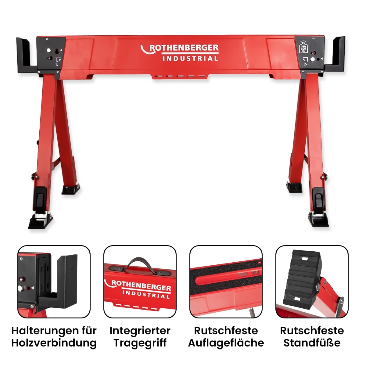 ROTHENBERGER Industrial Duo Falt Arbeitsbock, Sägebock, Unterstellbock, Klappbock 2er Set höhenverstellbar, klappbar, bis 600 kg belastbar