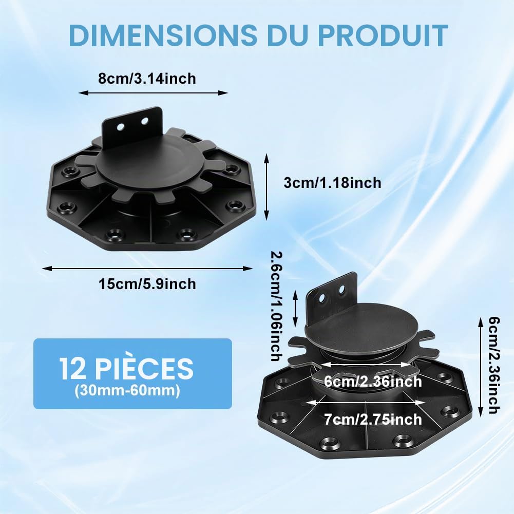 Lot de 12 plots réglables en hauteur - Auto-nivellement - Pour dalles et planches de terrasse - Paliers de terrasse réglables (30 à 60 mm) - Structure pour plaques - Capacité de charge de 550 kg