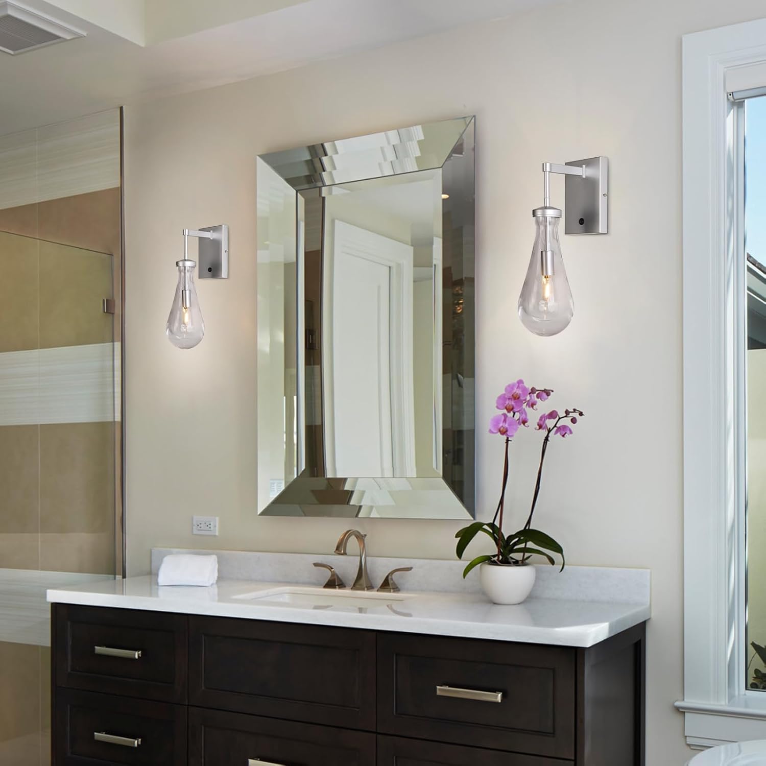 HuisMier Black Wall Sconces, Raindrop Sconces Wall Lighting with On/Off Switch Button, Modern Clear Glass Vanity Light Fixtures Raindrop Wall Sconce for Bathroom Bedroom Living Room Hallway