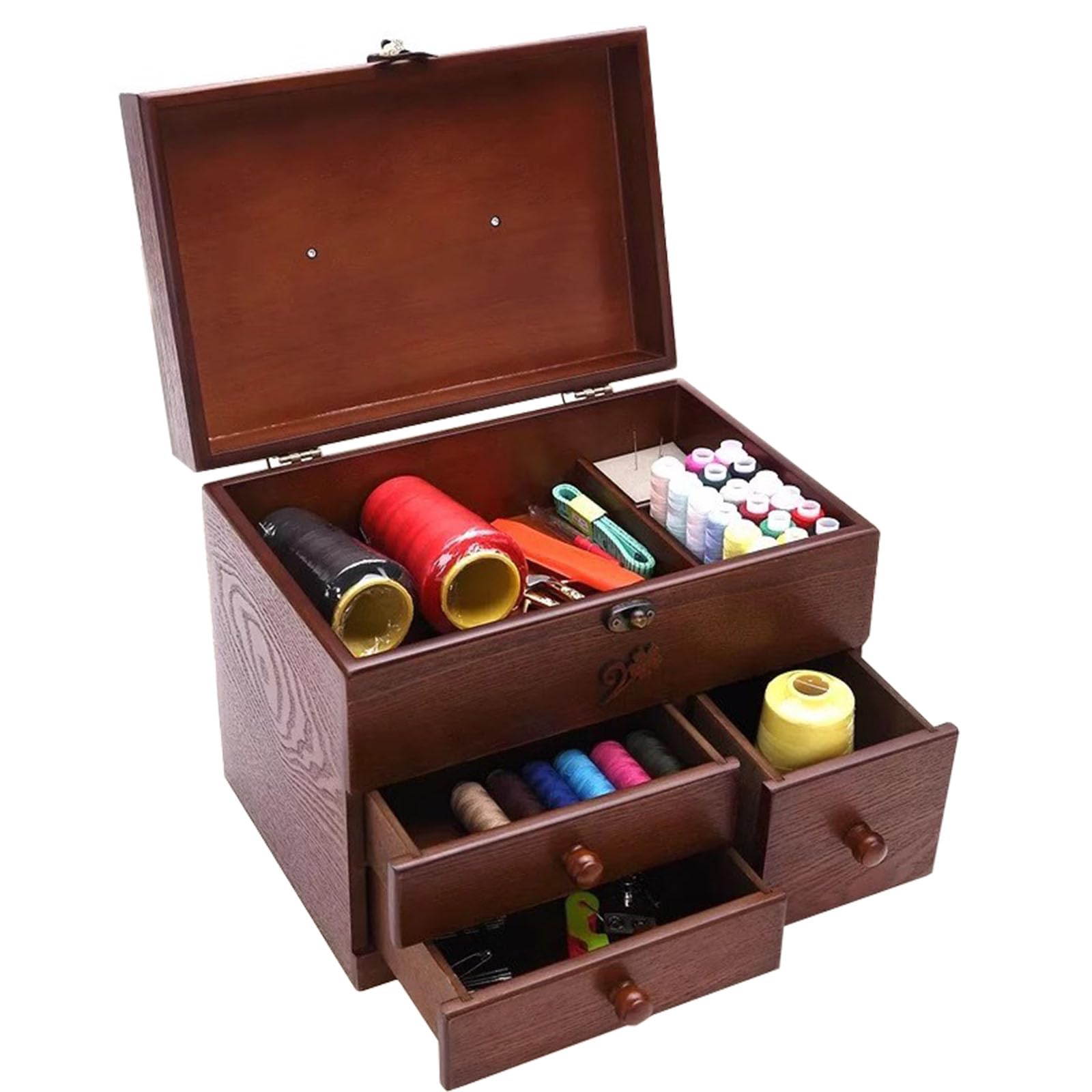 Caja De Costura De Madera, Estuche De Almacenamiento De Hilo De Aguja, con 3 Cajones Y Almacenamiento Superior, para Almacenar Carretes De Hilo, Kits De Bordado