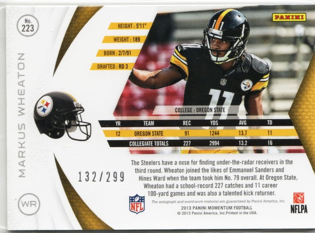 Markus Wheaton Rookie Signatures Serial Numbered #132/299 Triple Patch Rookie Autograph Game Used Jersey Memorabilia Parallel Collectible Football Card - 2015 Momentum Football Card #223 (Steelers)