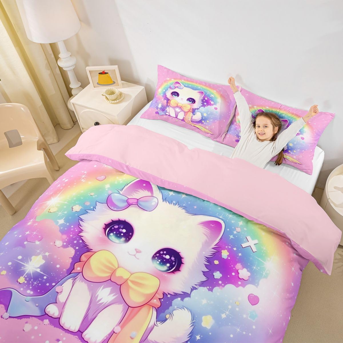 Feelyou Pink Cat Duvet Cover Queen Size Boys Girls Cute Kitten Bedding Set Breathable Soft Cute Animal Comforter Cover 3Pcs Cat Lover's Gift Bedroom Decor