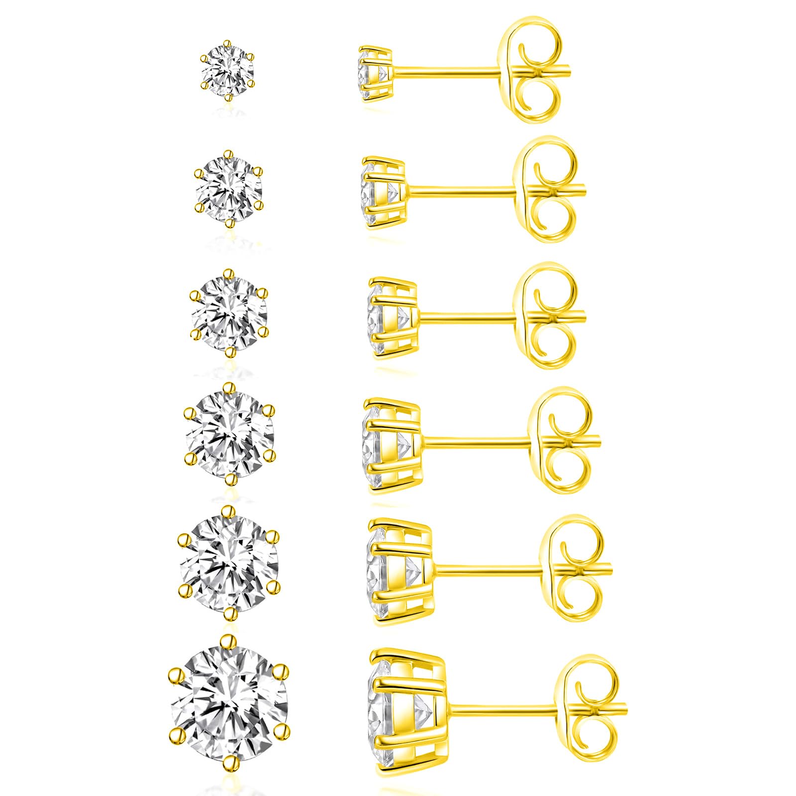 18K White/Yellow Gold Plated 6 Prong Round Clear Cubic Zirconia Stud Earring Pack of 6 Pairs (6 Pairs)