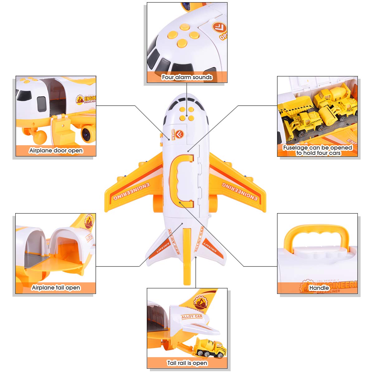 SHANNA Flugzeug Spielset - Flieger Kinder Trägheitsrad mit Fahrzeugen Lernspielzeug Set, 1 großes Flugzeug, 4 legierte Autos für Kleinkinder ab 3 Jahren (Baufahrzeuge - Gelb)