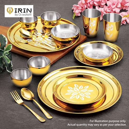 Image of iRiN by Dr.WaterR Parivar Stainless Steel Designer Dinner Set Gold PVD | Kitchen Set | Ideal for Home | Restaurant | Gifting | Wedding | Bowls, Plate, Glass, Spoon, Fork (Pack of 8pcs - for 1Person)