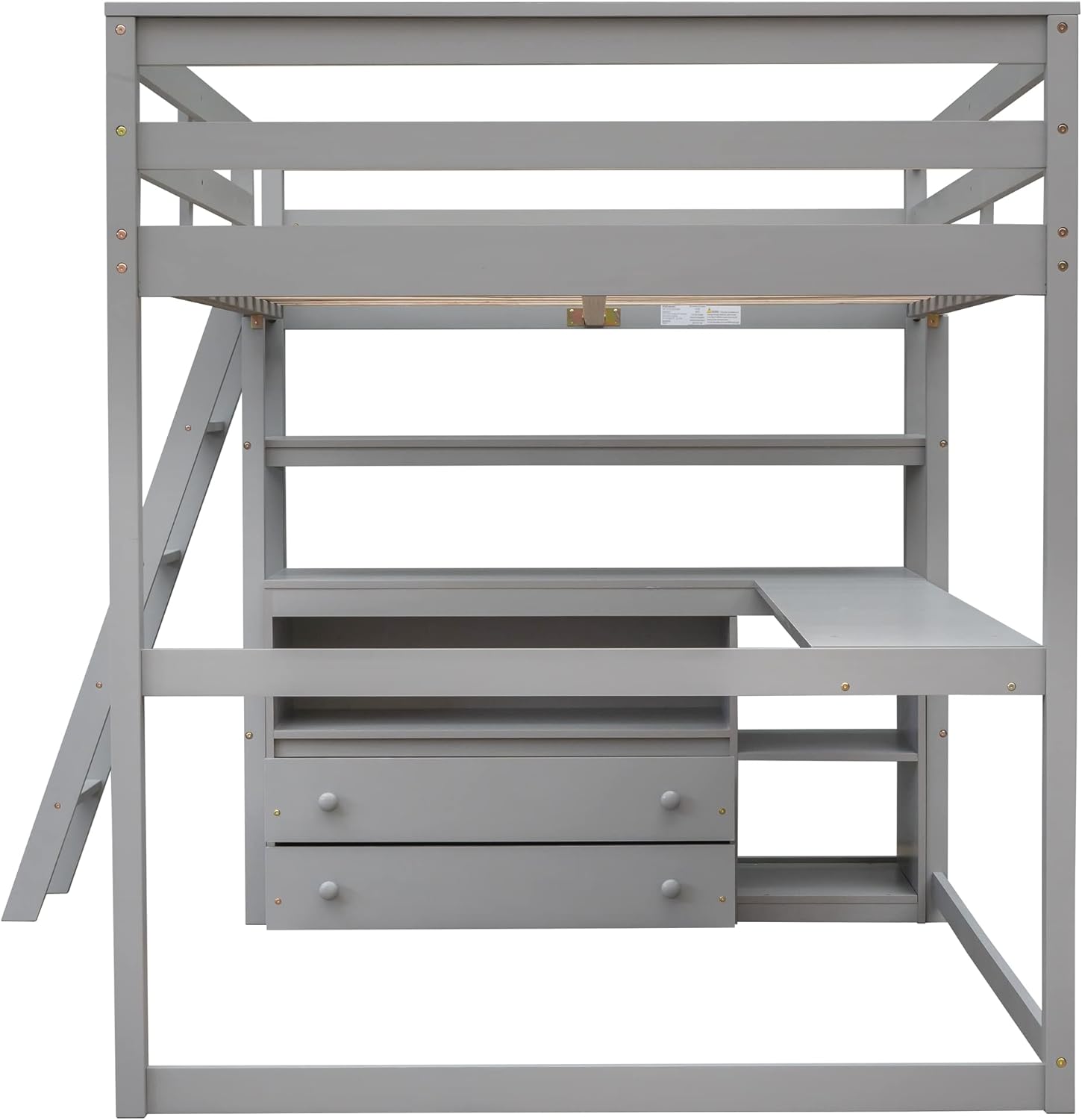 Full Loft Bed with Desk and 2 Storage Drawers Wood Loft Beds Frame with Shelves for Dorm Bedroom Modern Full Size Bunk for Kids Adults Boys Girls Teens, Gray