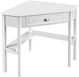 costoffs Triangle Corner Table L Shaped 90 Degree Computer Desk Home Office Table with Storage Drawer & Shelves, PC Laptop Table Writing Table Study Desk for Small Space, MDF Desktop Pine Legs, White