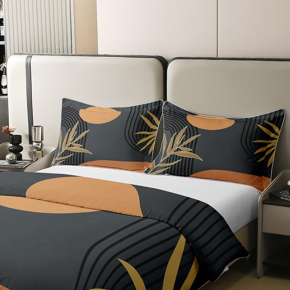 Mid Century brązowa czarna bawełniana poszewka na kołdrę super king dla dzieci nastolatków dorosłych, abstrakcyjna nowoczesna poszewka na kołdrę boho, minimalistyczny zestaw pościeli z geometrią