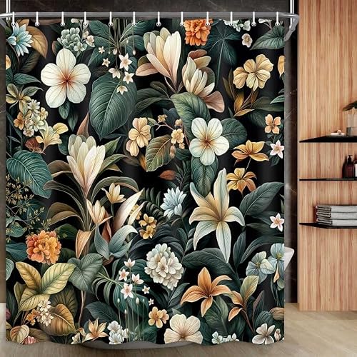 Drgilau Green Botanical Shower Curtain for Bathroom, Dark Green Floral Shower Curtain Set Boho Plants Bathroom Curtain Decor, Waterproof Boho Floral Shower Curtain with 12 Hooks 47X64 Inch
