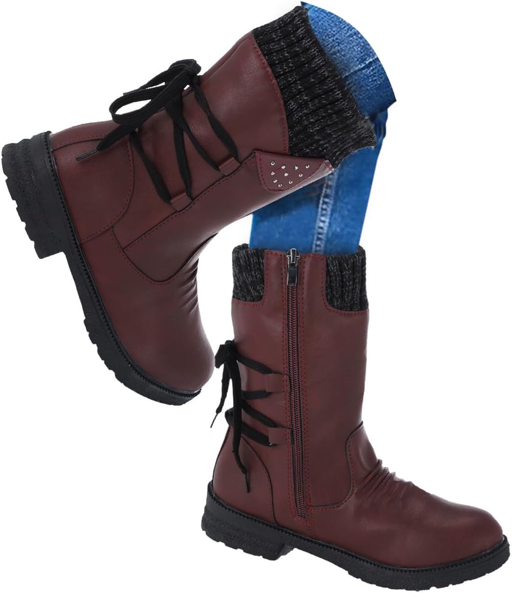 Mid Calf Riding Boots for Women Sweater Knitted Ruched Snow Boots Fashion Side Zipper Vintage Winter Booties Low Heel Round Toe Comfortable Casual Warm Lace Up Hiking Walking Boots