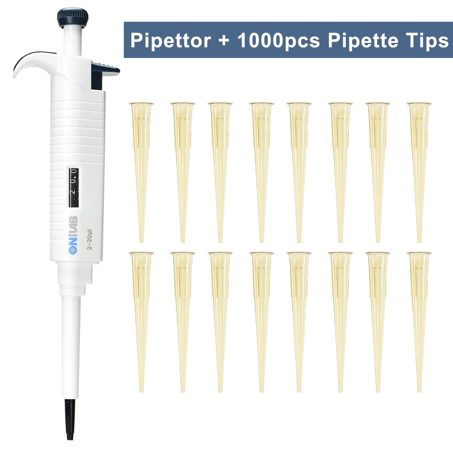 ONiLAB 2-20ul Lab Micropipette with 1000 PCS Non-pyrogenic, DNAse/RNAse Free Pipette Tips 200ul， Single Channel Pipette,Adjustable Volume Pipette, Micro Pipettes, High Precision Pipettor with Clear Ye