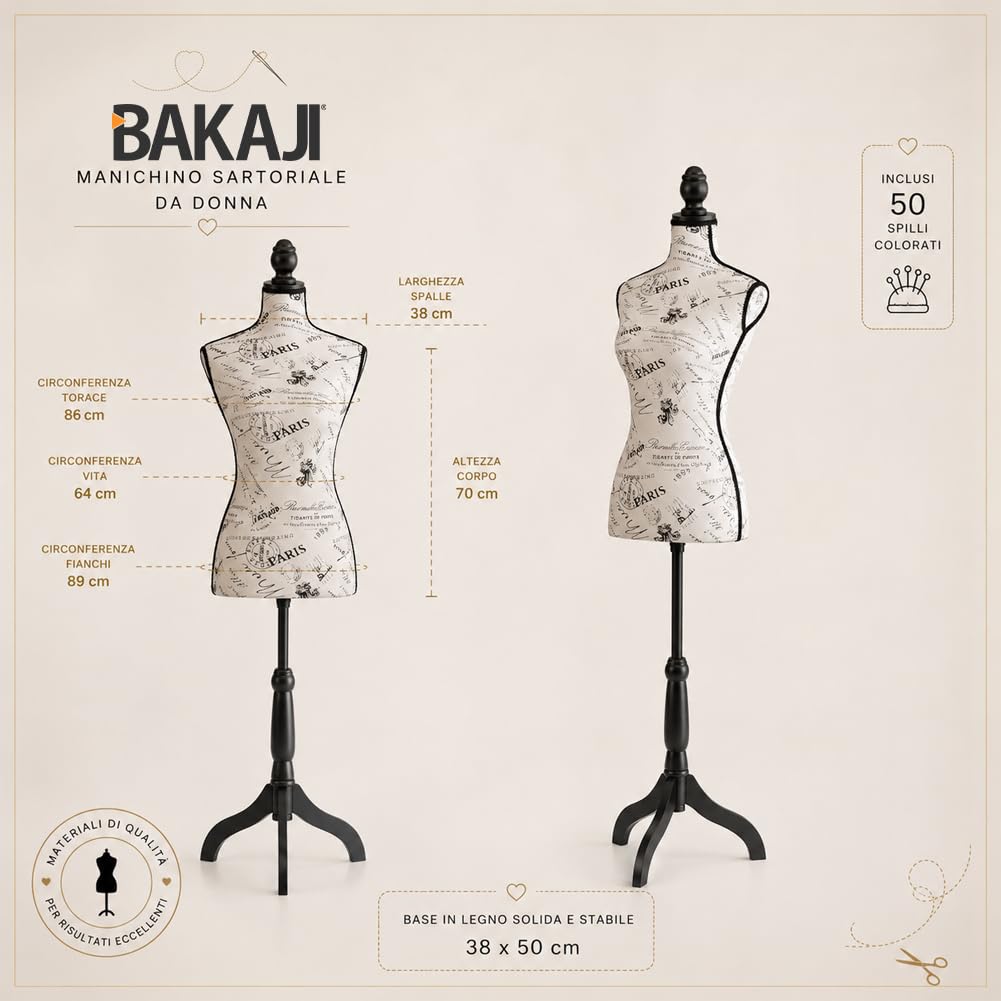 Maniquí Busto Sartorial Femenino De Costura para Prendas Ropa Tailleur Torso De Mujer Altura Ajustable para Vitrinas con Trípode Estructura De Madera 42 x 170 cm (Paris)