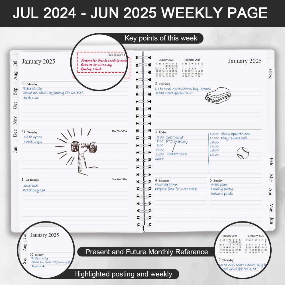Agenda 2024-2025, planner settimanale e mensile, da luglio 2024 a giugno 2025, 15,9 x 21 cm, linguette mensili, pagina note, tasca interna, copertina flessibile con rilegatura a doppio filo, nero