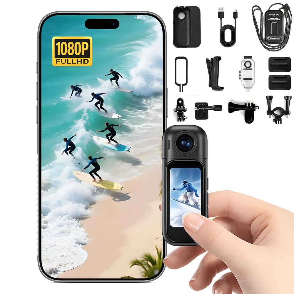 Mini Action Cam con Schermo Touch, Fotocamera Magnetica Portatile per Vlog e Social Media, Mini Body Cam con Custodia Subacquea 30m, Grandangolo 120°, WiFi, Supporto App，Bianca