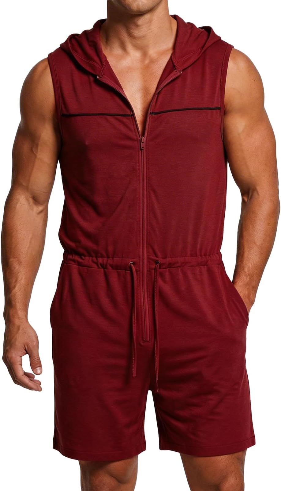 Panegy Men's Workout Tracksuit Jumpsuit Sleeveless One Piece Activewear Romper Work Athletic Onesie (Red, Medium)