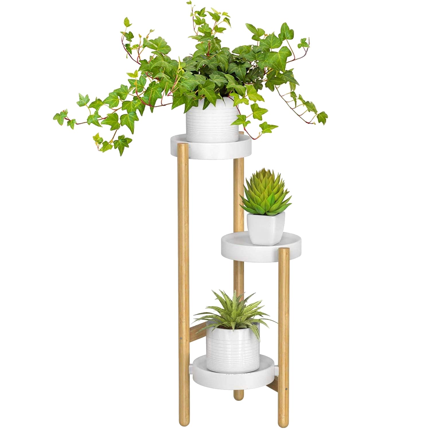 The Lux White And Natural | Bamboo Plant Stand | 3 Tier Tall Flower Pots Holder, Indoor Display Rack For House Plants, Home Décor Corner Shelf For Living Room, Office And Outdoor Garden Patio