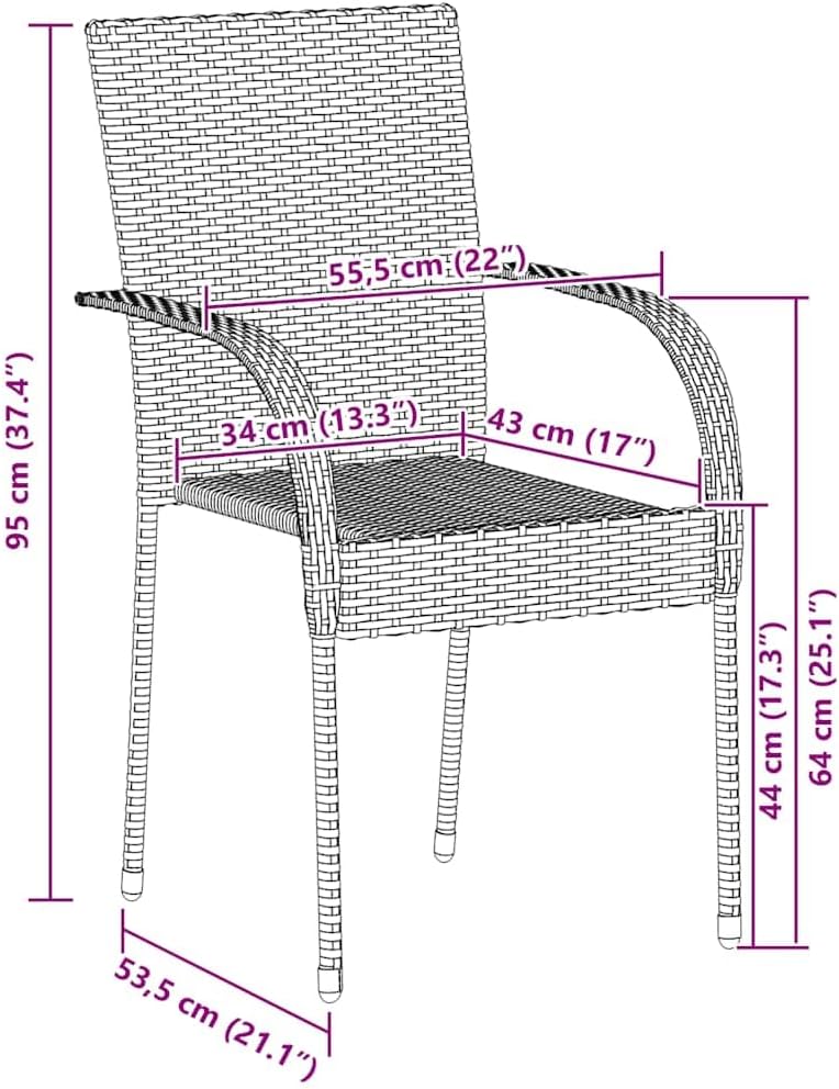 vidaXL Stackable Patio Dining Chairs - Set of 2, Gray Poly Rattan, Outdoor, Garden, Terrace Seating, Steel Frame, Easy Assembly