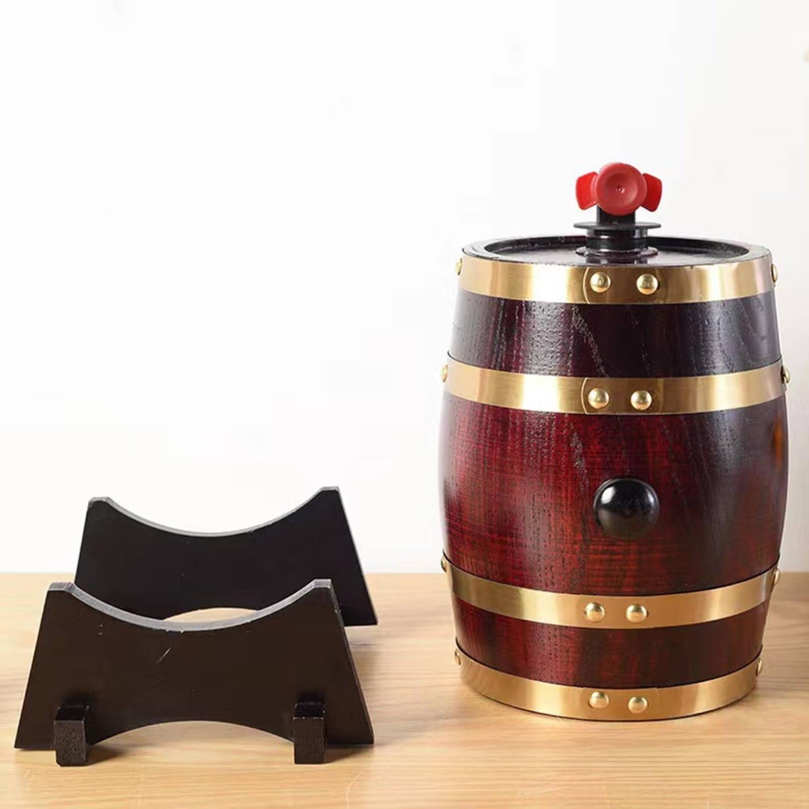 Baoblaze Botte da Vino Botte Botte di Liquore Barile di Legno con Rubinetto in Legno Duro per Conservazione E Servizio Finitura Liscia con Cerchi in Metallo E, Rosso Vino, 5L