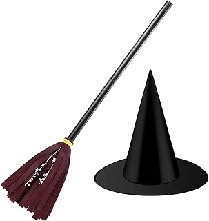 Skylety Witch Costume Black Witch Hat Wizard Broomstick Felt Broom for Kids Halloween Witch Accessories (Brown)