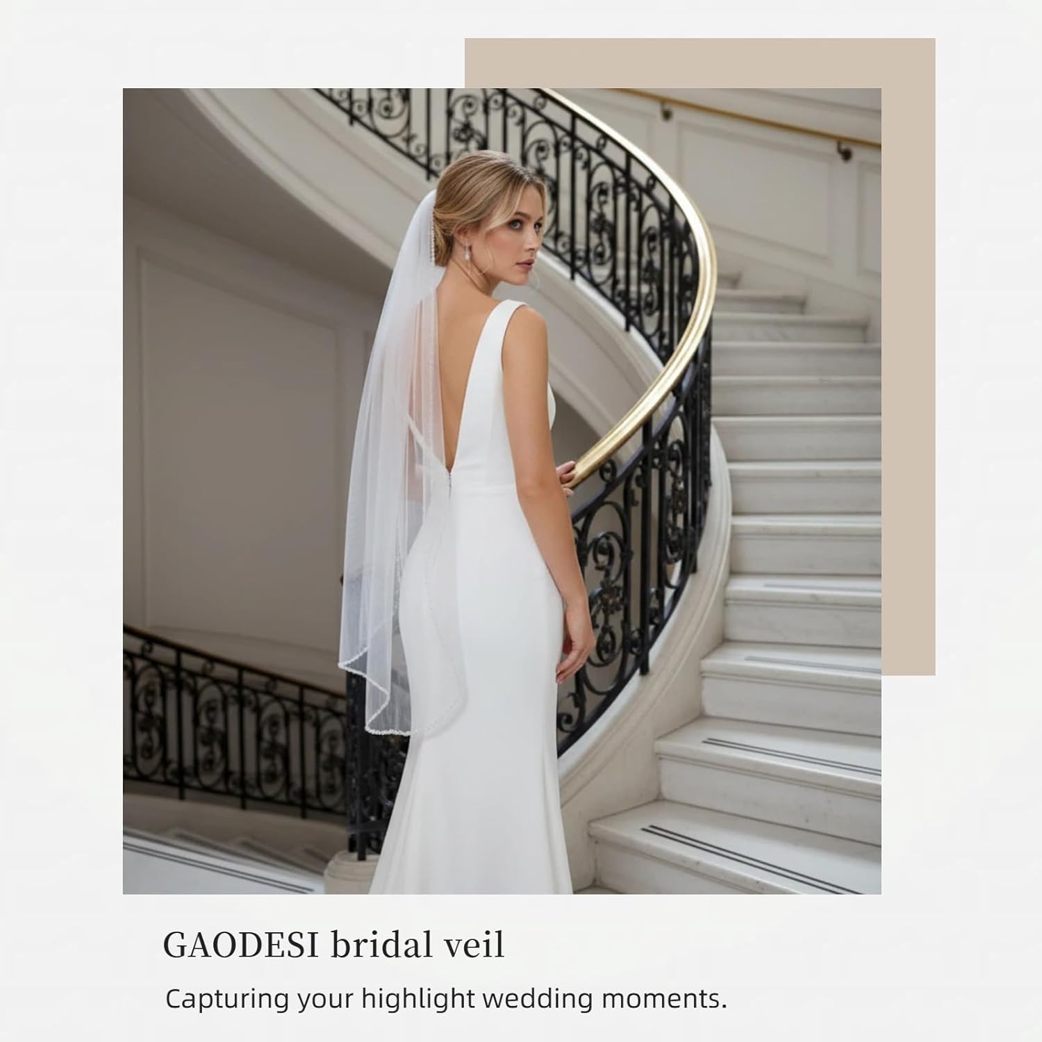 Wedding Veil Pearls and Crystals Beaded Edge 1 Tier Fingertip Length Bridal Veil - Image 3