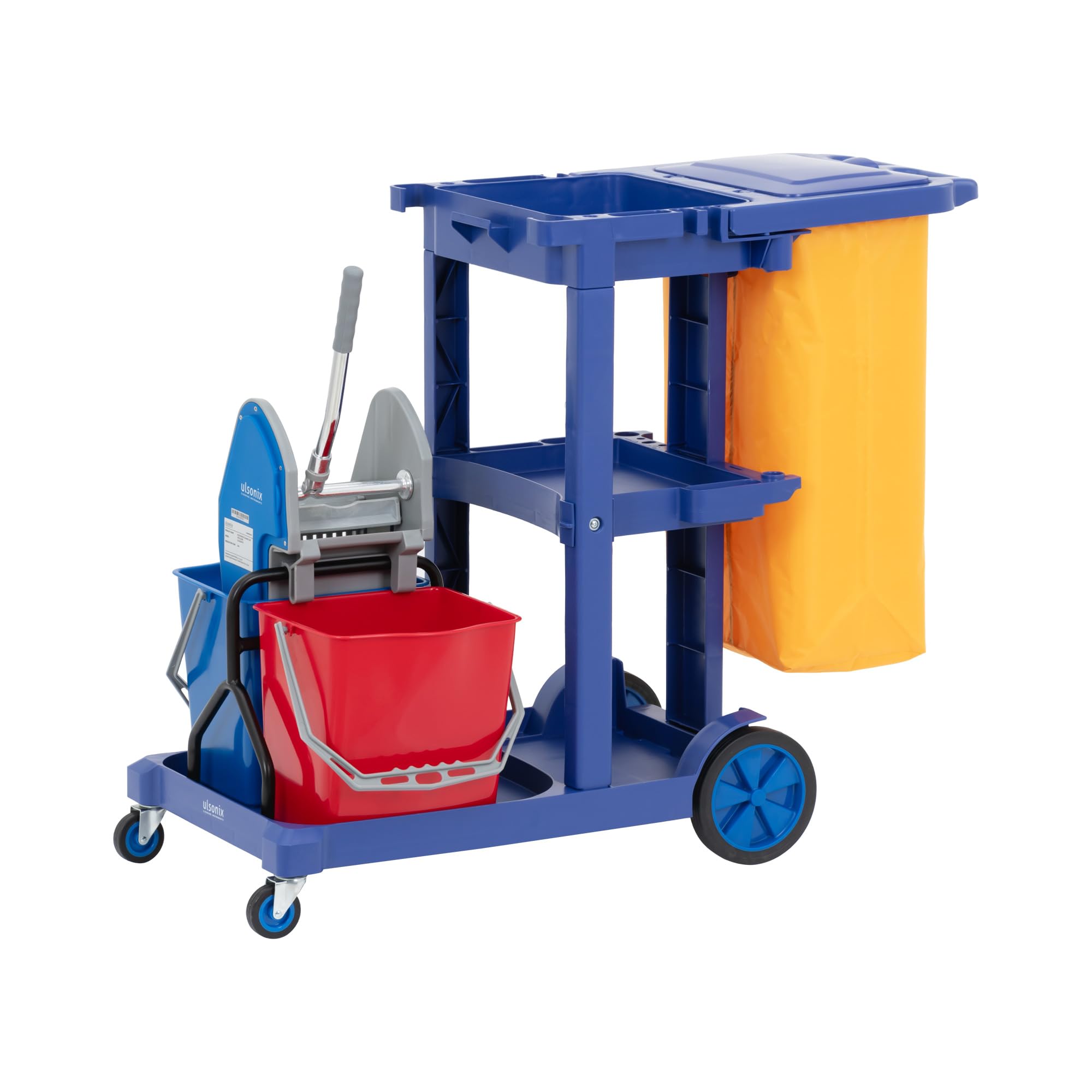 Carro de limpieza industrial con 2 cubos, prensa y bolsa de lavandería - 3 estantes - hasta 200 kg Carro de limpieza Carro de limpieza profesional Carro de servicio
