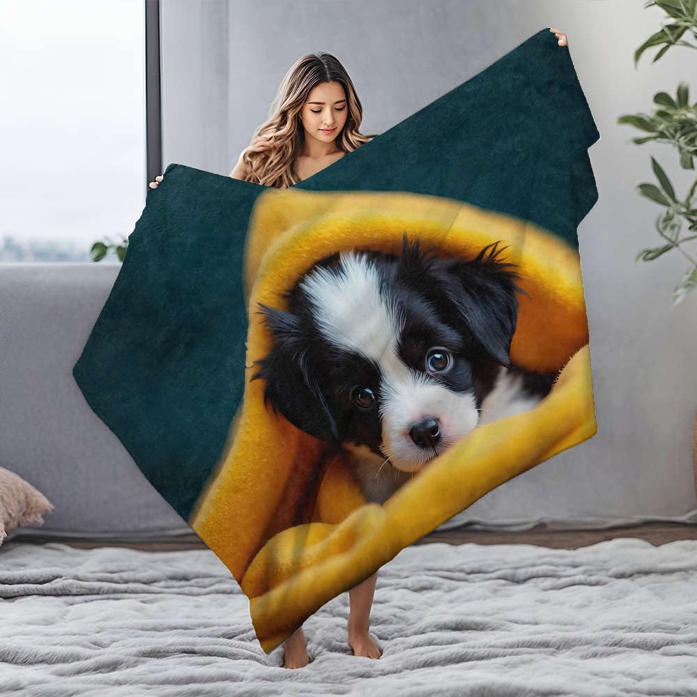 Plaid flanelle chiot mignon jaune idéal pour les soirées cocooning
