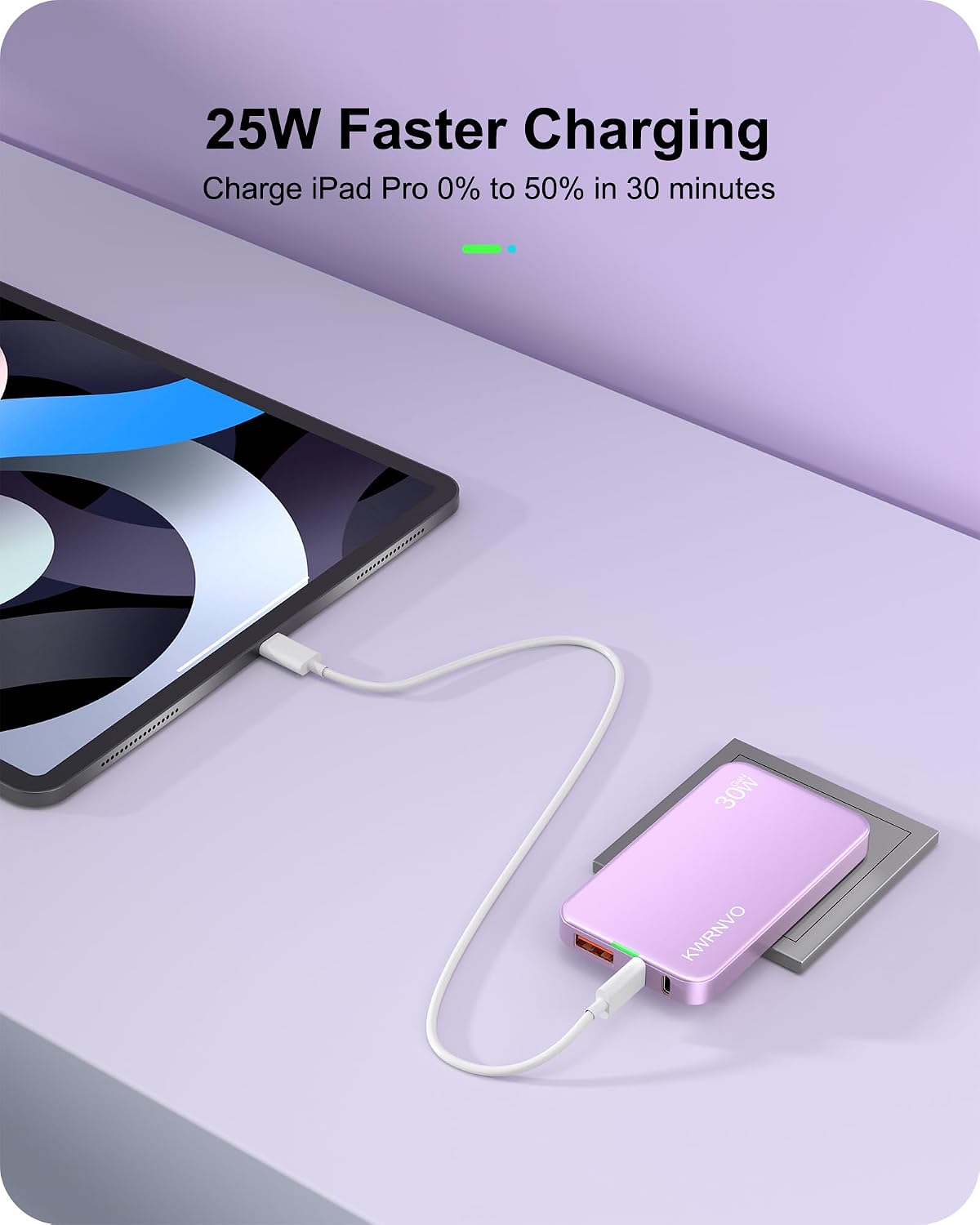Ultra-Slim Flat USB Wall Charger with Multi Ports for Phones & Tablets 30W GaN 3-Port Fast Charging with 2 Type-C & 1USB-A Port for iPhone 16/15/14/13/12/11/Pro Max/XS/XR/8/7 Purple image 3