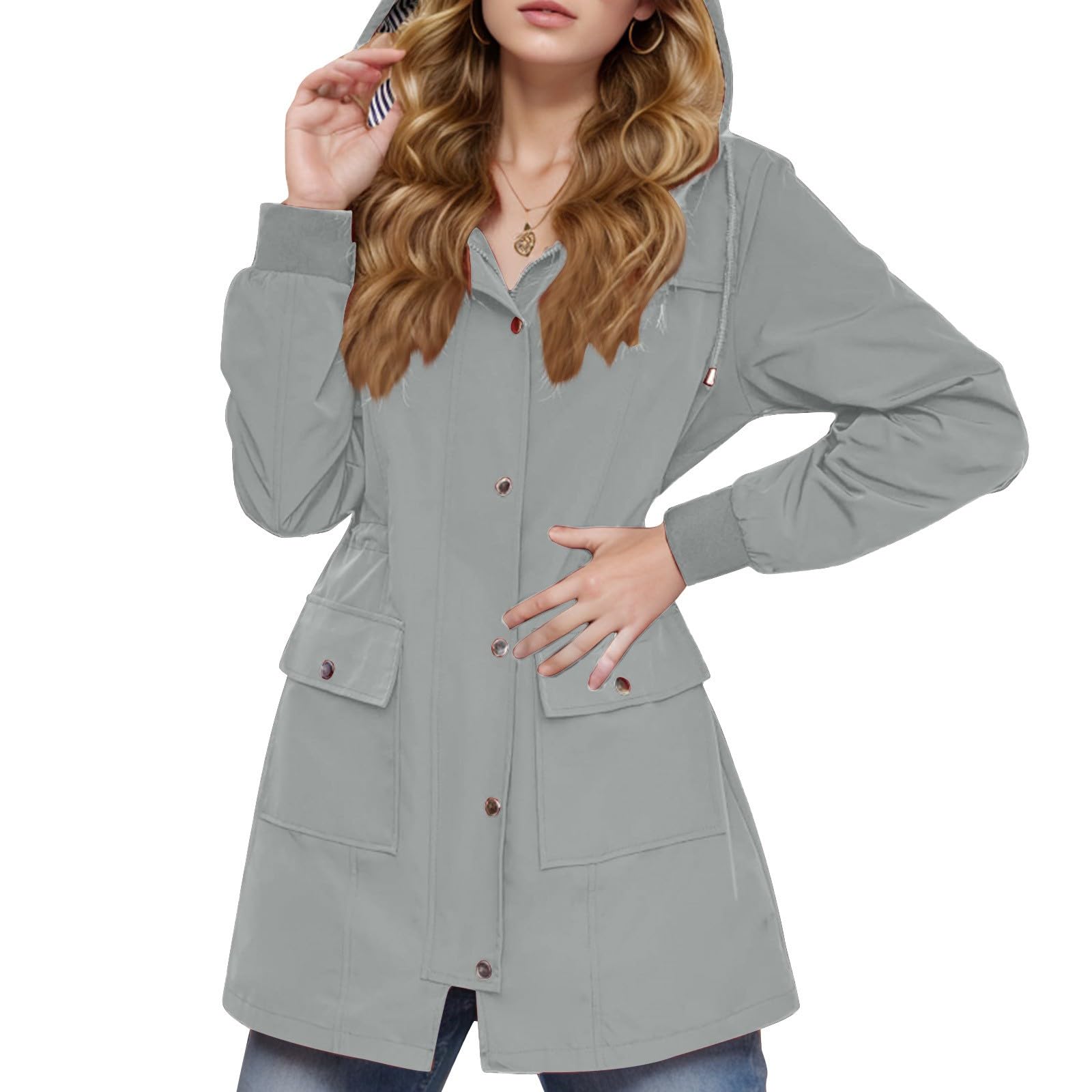 Genérico Chubasquero Poncho Mujer Impermeable,Moda Mujer SóLido Cuello con Capucha Casual Suelta Manga Larga Abrigo Impermeable Chaqueta Abrigo
