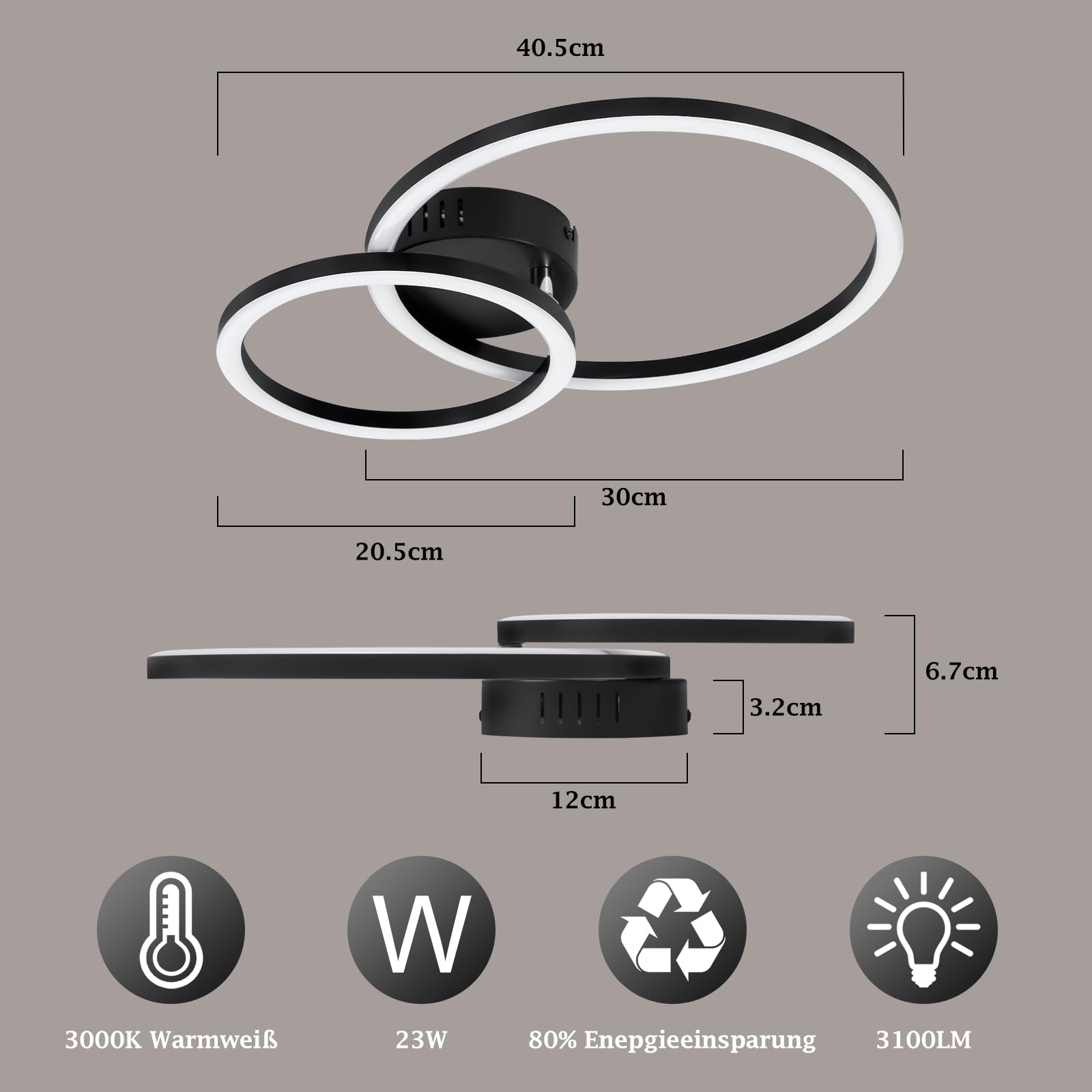 Homefire lampa sufitowa LED, do salonu, 40 cm - 23 W, lampa kuchenna, 3000K, ciepła biel, nowoczesna lampa do salonu, lampa do sypialni, 2-pierścieniowe, design, oświetlenie sufitowe do kuchni