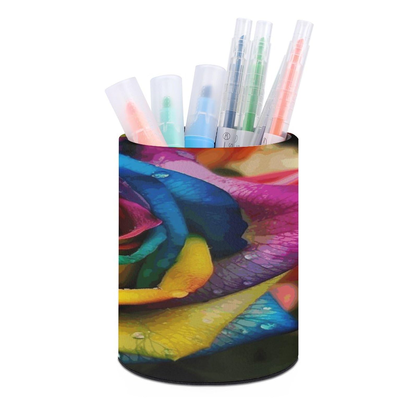 JTREHY Rainbow Rose Pen Holder Round Pen Pencil Holder Makeup Brush Holders Cup PU Leather Pencil Cups Desktop Caddy Stationery Organizer Case Office Accessories Container Box