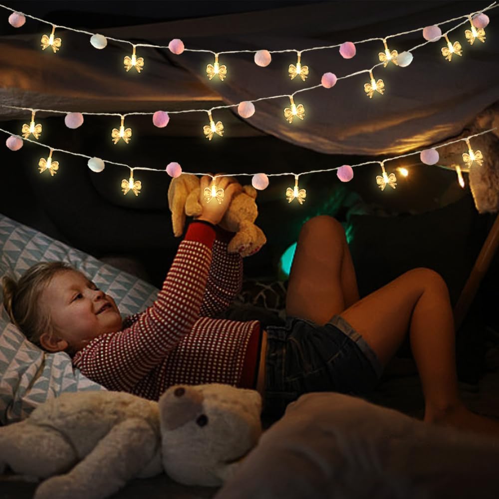 ChiRee 9.85FT Indoor String Lights with 20 Cute Pink Pompoms 20 Bow LED Indoor String Lights Battery Operated with Timer for Home Bedroom Kids Playhouse Birthday Wedding Party Holiday Christmas Decor
