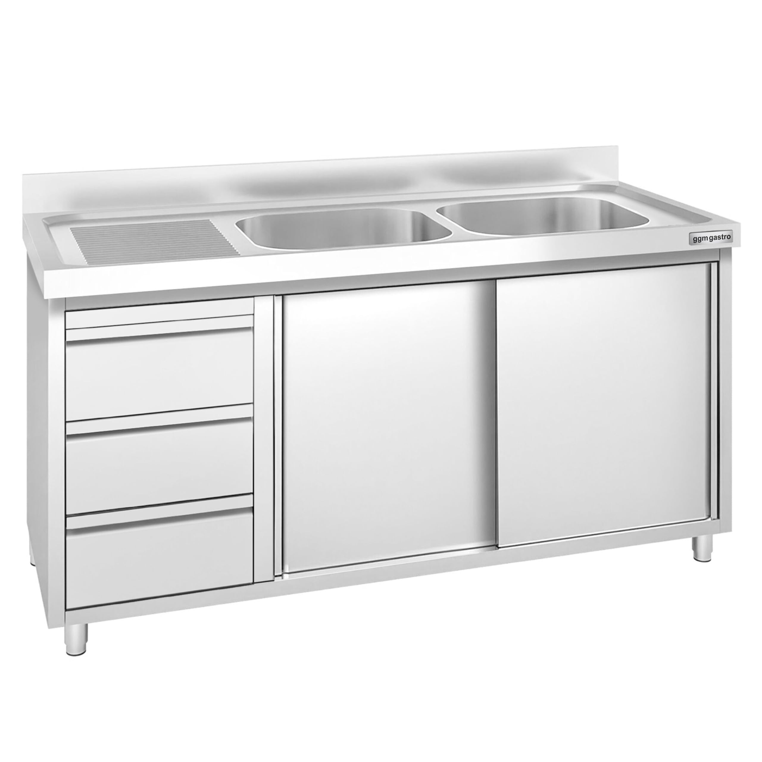 GGM Gastro | SSAAK146BR2S#ST3K46 | Spülschrank PREMIUM - 1400x600mm - mit 3 Schubladen & 2 Becken rechts