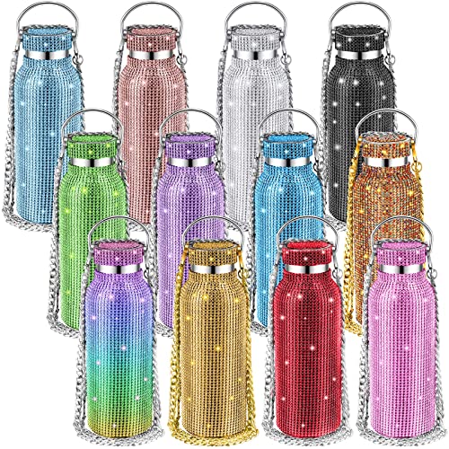 12 Pack Diamond Water Bottle With Chain 17 Oz Bling Rhinestone Bottles Bulk Glitter Stainless Steel Water Bottle Diamond Refillable Insulated Thermal Bottle Gifts For Girls Women, 12 Colors (17 Oz) #TOP30