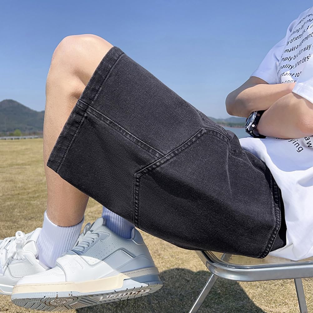 Men's Hiking Cargo Shorts Button Elastic Waist Straight Leg Loose Fit Jean Denim Shorts