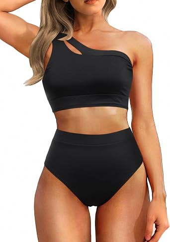 Tempt Me Women One Shoulder High Waisted Bikini Color Block Two Piece Swimsuits Cutout 2 Piece Bathing Suit