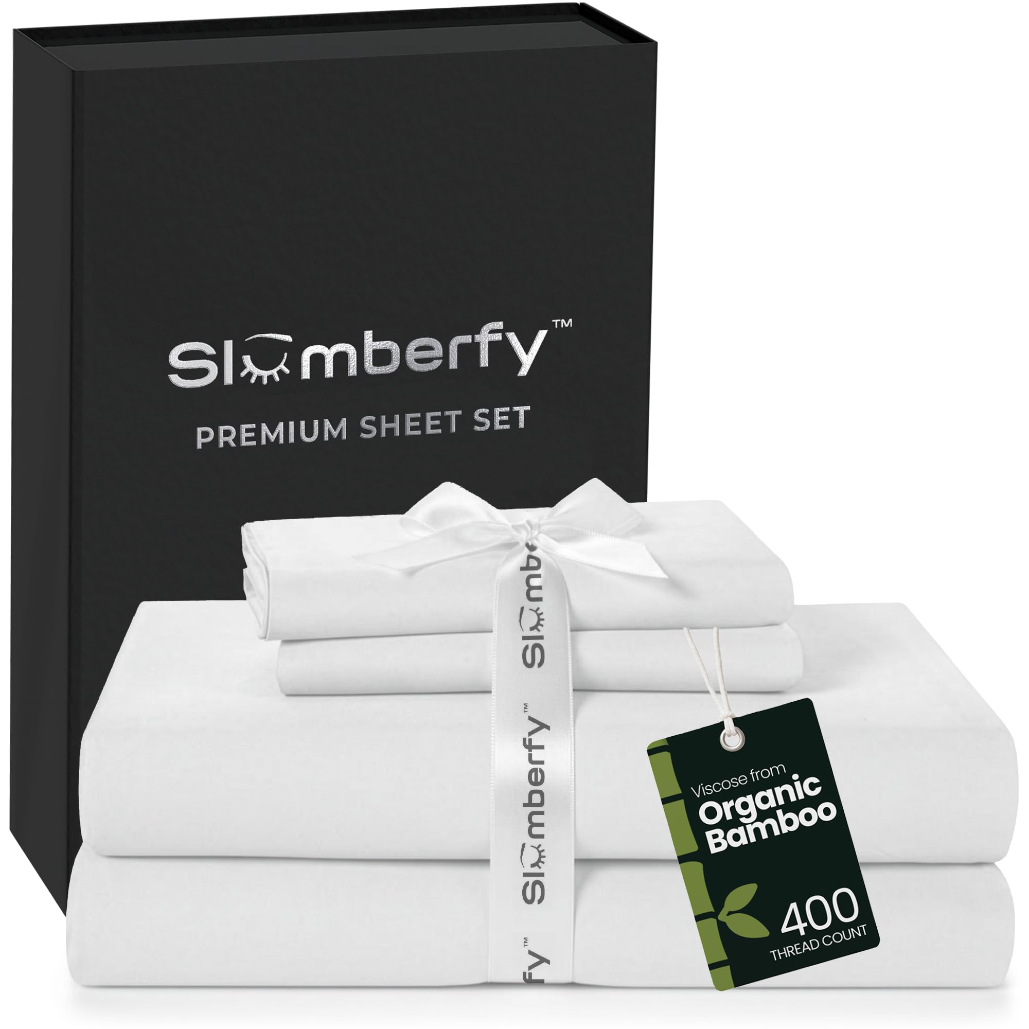 Slumberfy 4-Piece 400 TC Viscose Derived from Bamboo Sheets, Cal-King Size - 1 Fitted, 1 Flat, 2 Pillow Cases - Deep Pocket Cooling Viscose-Bamboo Bed Sheets in Magnetic Closure Gift Box, White