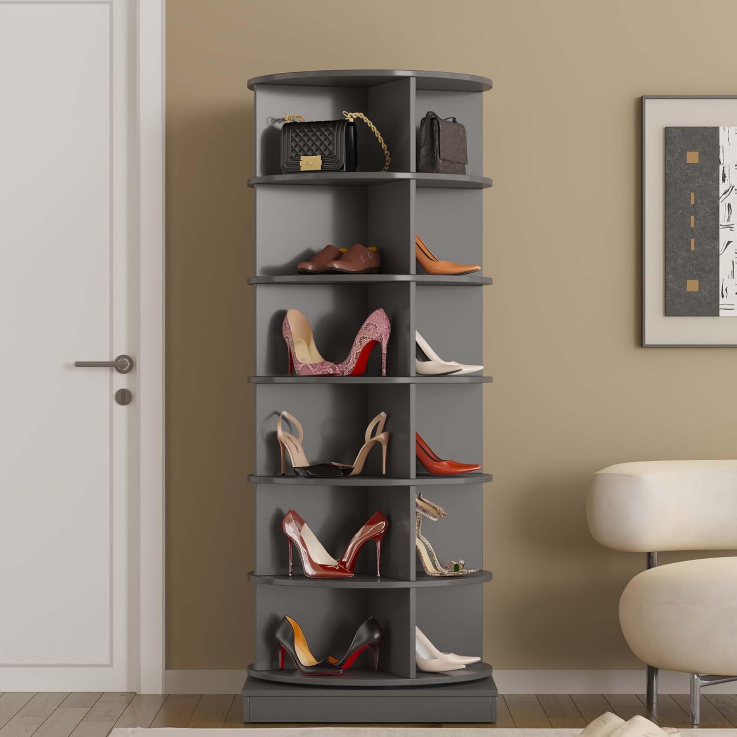 6-Tier Rotating Shoe Rack Tower 360, Free Standing Shoe Tower & Spinning Shelf Fit 24 Pairs, Lazy Susan Rotating Shelf for Entryway, Living Room (Gray, 6-Tier)