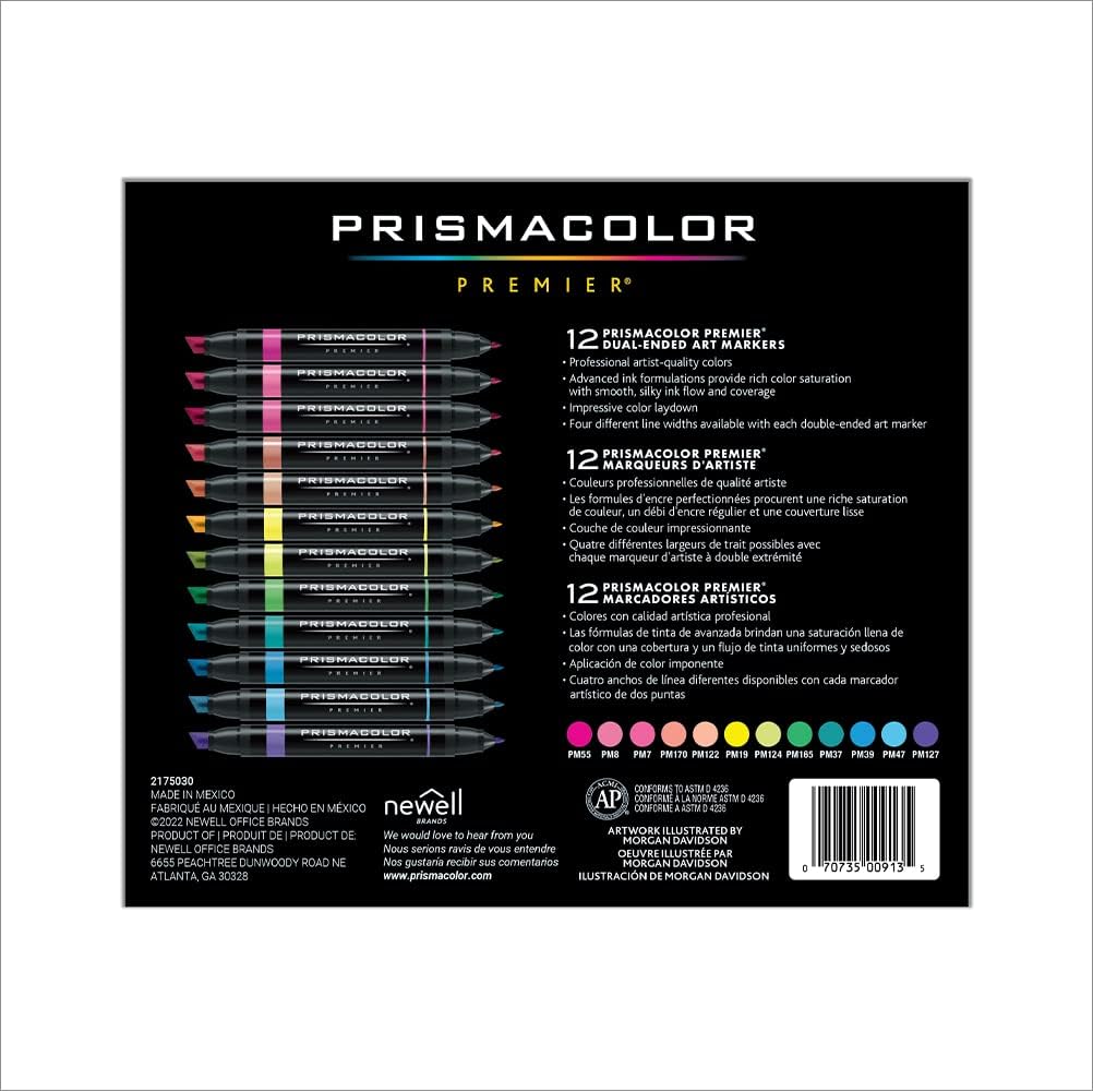 Prismacolor Premier Dual-Ended Art Markers, Chisel Tip and Fine Tip, Hyper Bright Colors, 12 Count