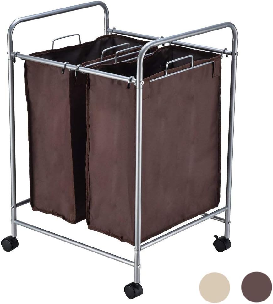JEFEE Laundry Sorter Cart kaundry Sorter Divided Hamper with Heavy Duty Rolling Wheels, Heavy Duty Double Bag Laundry Sorter Cart for Clothes Storage, Brown